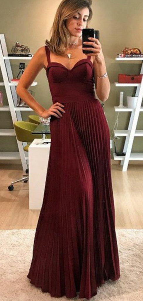 A-Line Spaghetti Straps Pleated Dark Red Satin Long Prom Dresses, TYP1882