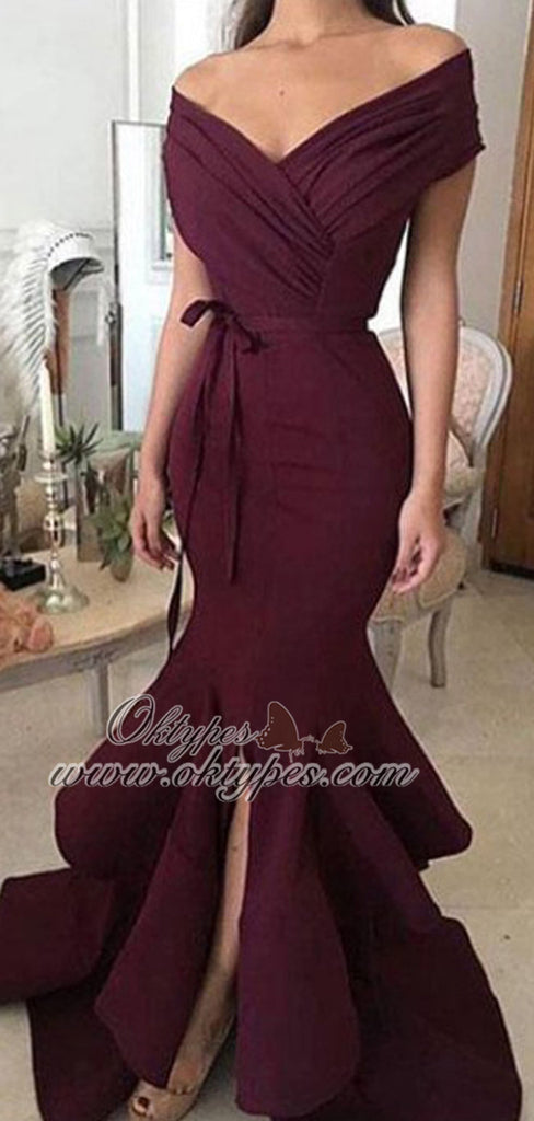 Unique Off Shoulder Burgundy Long Mermaid Prom Dresses, TYP1575