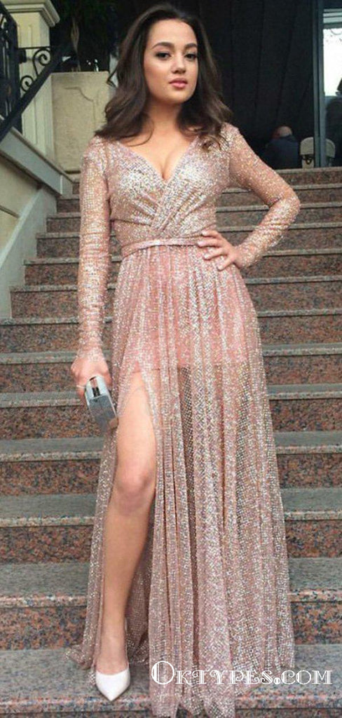 A-Line V-Neck Long Sleeves Slit Leg Sequined Prom Dresses, TYP1847