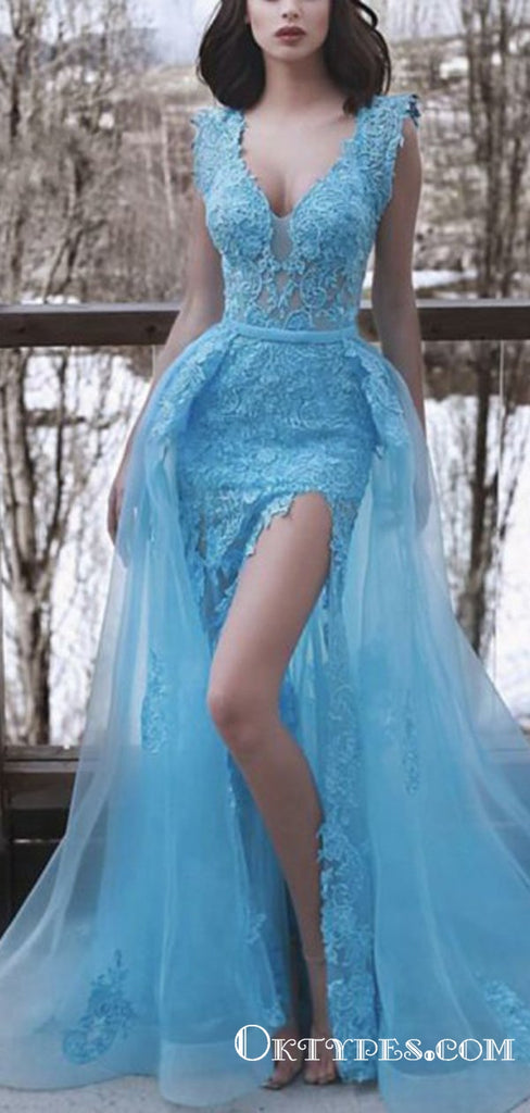 Dreamy Mermaid Blue V-neck Sleeveless Prom Dresses with Detachable Train Split, TYP1740