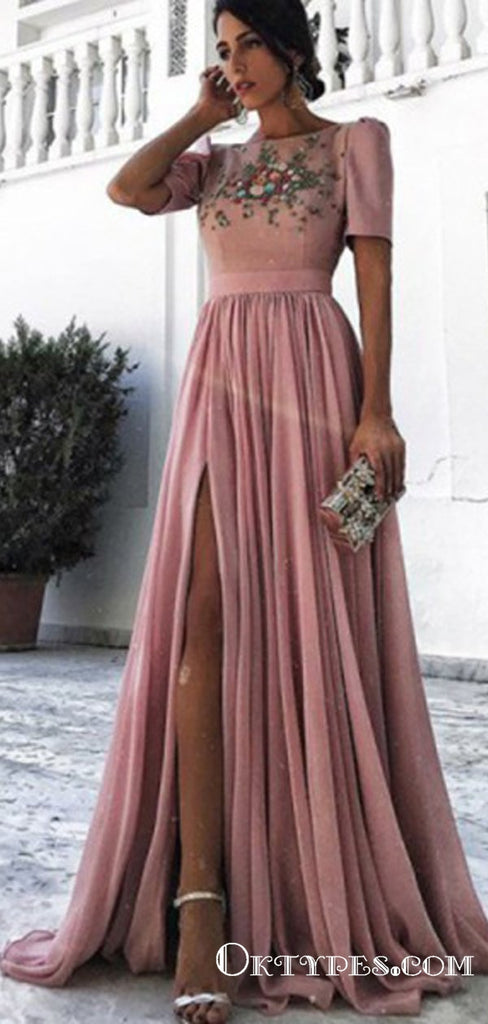 A-Line Bateau Short Sleeves Dusty Pink Long Prom Dresses with Beading&Rhinestones, TYP1628