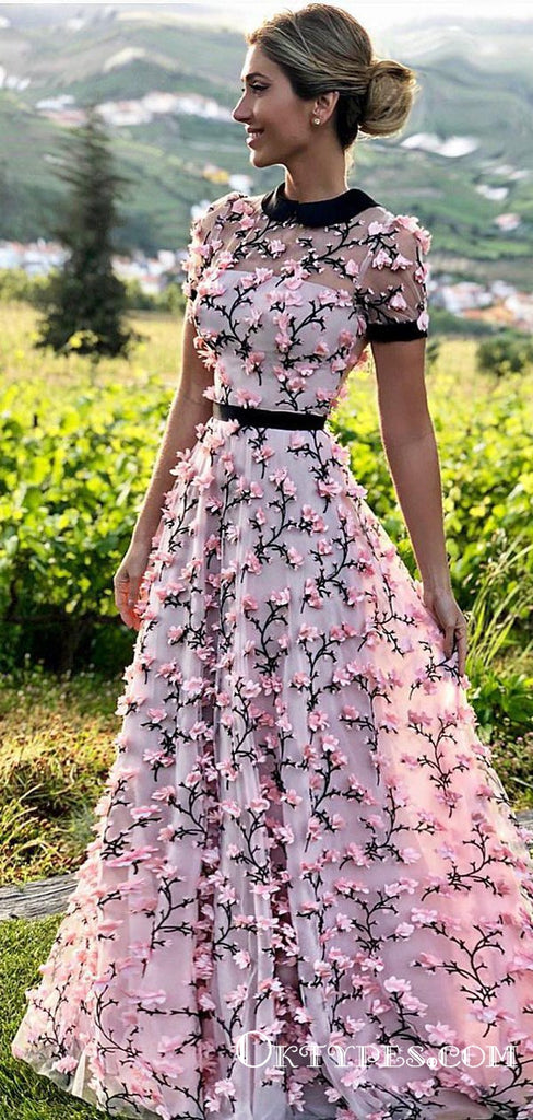 See-Through Floral Holiday Long Cheap Prom Dresses with Appliques, TYP1895