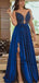 A Line Royal Blue Long Satin Prom Dresses with Split&Beaded, TYP1598