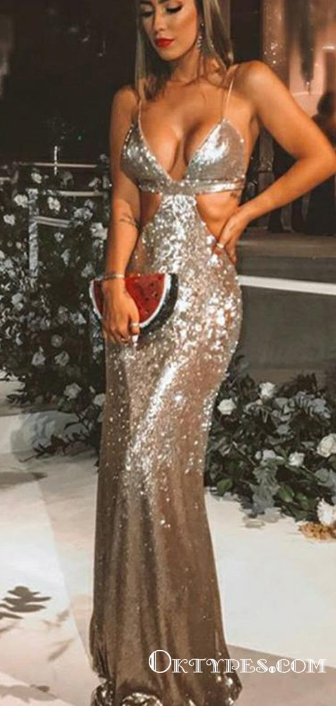 Hot Silver Sequined Sheath Spaghetti Straps Long Evening Gowns Prom Dresses, TYP1656