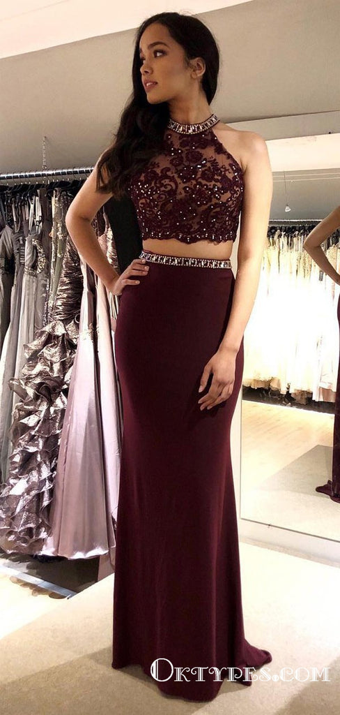 Two Piece Sheath Backless Burgundy Long Cheap Prom Dresses With Beaded, TYP1893