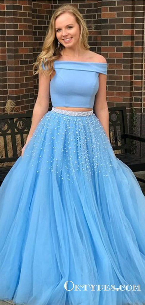 Two Piece Off-the-Shoulder Blue Sweep Train Prom Dresses with Beading, TYP1869