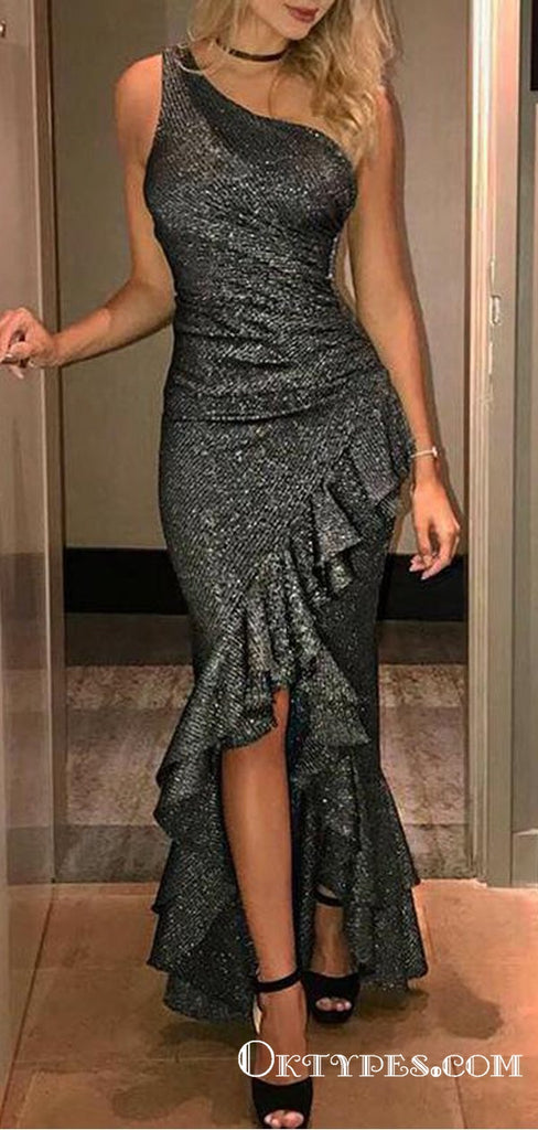 One Shoulder Grey Sequin Long Mermaid Evening Gowns Prom Dresses, TYP1679