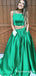 Two Piece Square Long Cheap Green Satin Prom Dresses with Pockets, TYP1824