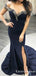 Mermaid Navy Blue Appliques Off The Shoulder Long Evening Prom Dresses, TYP1702