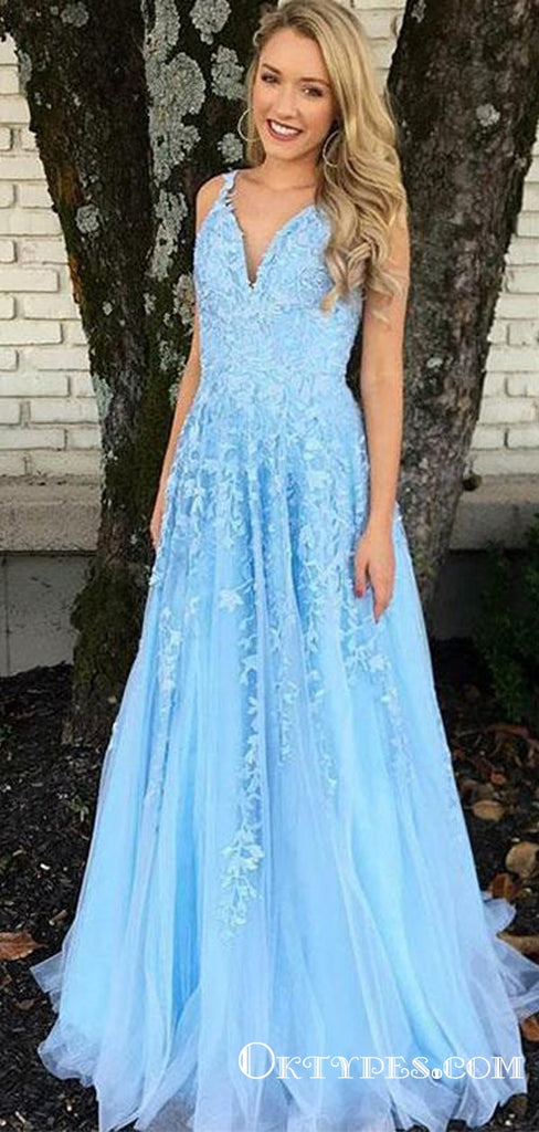 Elegant V Neck Blue Tulle Long Cheap Prom Dresses With Appliques, TYP1820