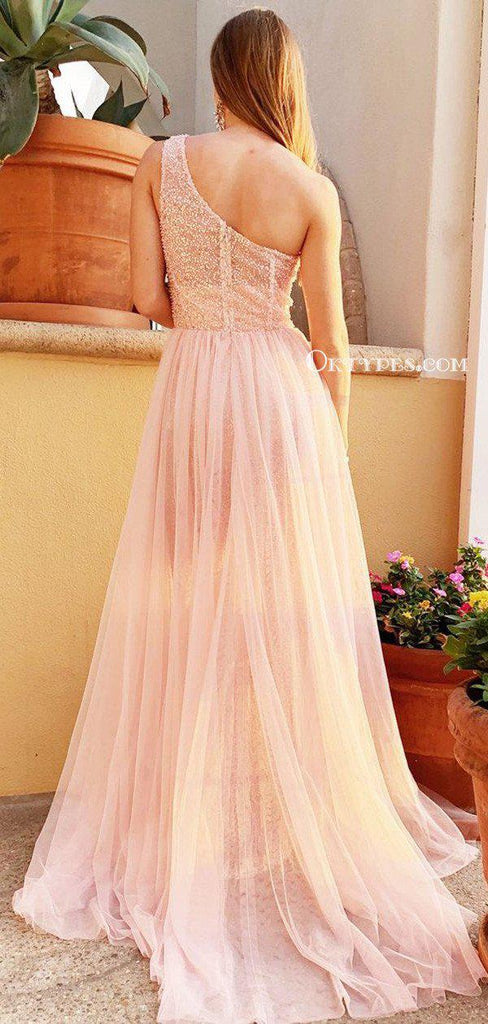 One Shoulder Sparkly Pink Sequin Sexy Side Slit A-line Long Cheap Formal Evening Prom Dresses, PDS0078