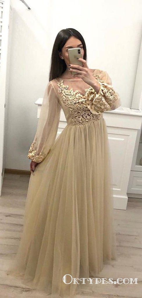 Stunning A Line Long Sleeve Tulle Appliques Prom Dresses, TYP1749