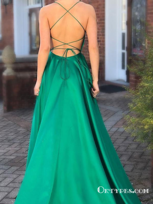 Green Prom Dresses with Pocket Long Backless Slit Formal Evening Ball Gowns, TYP1225