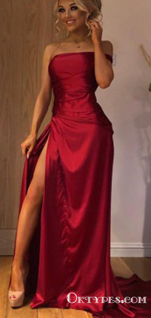 A-Line Burgundy  Sleeveless Long Strapless Party Prom Dresses with Split, TYP1800