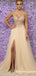 A-Line V-Neck  Champagne Beaded Long Cheap Prom Dresses With Slit, TYP1623