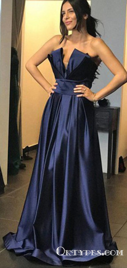 A-Line Sweetheart Sleeveless Ruched Dark Blue Long Prom Dresses, TYP1637