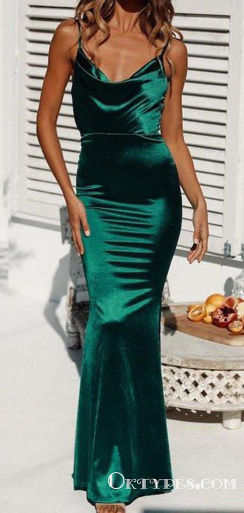 Green Spaghetti Strap Long Cheap Backless Occasion Prom Dresses, TYP1844