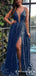 Blue Sequined Split Long Evening Gowns Spaghetti Straps Prom Dresses, TYP1675