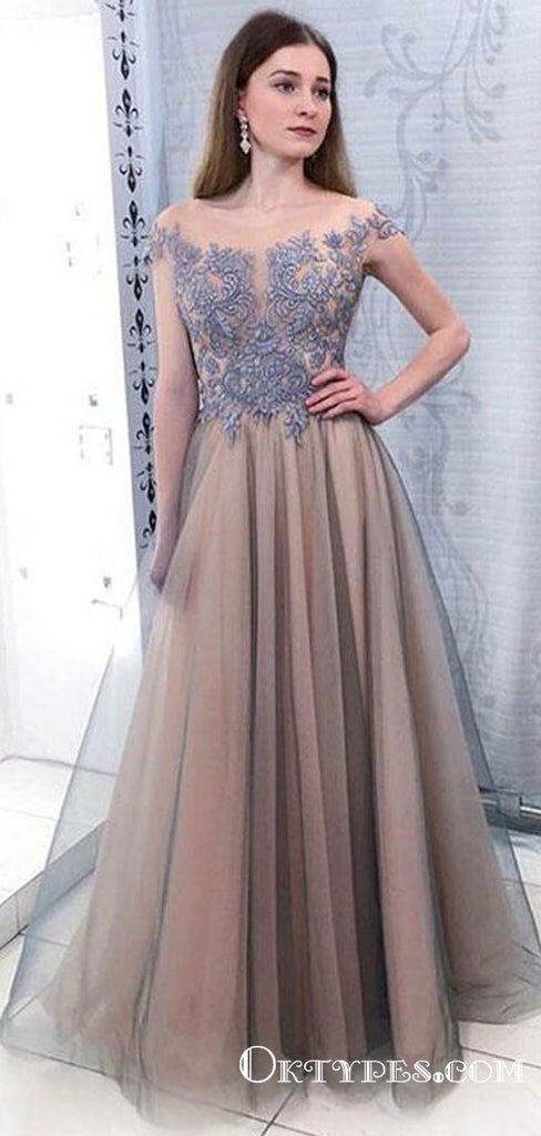 Charming Off The Shoulder Gray Long Prom Dresses With Appliques, TYP1763