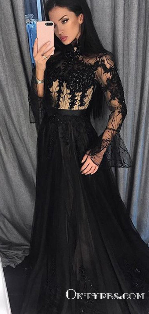 Black Long Sleeves High Neck Evening Gowns with Appliques Prom Dresses, TYP1905