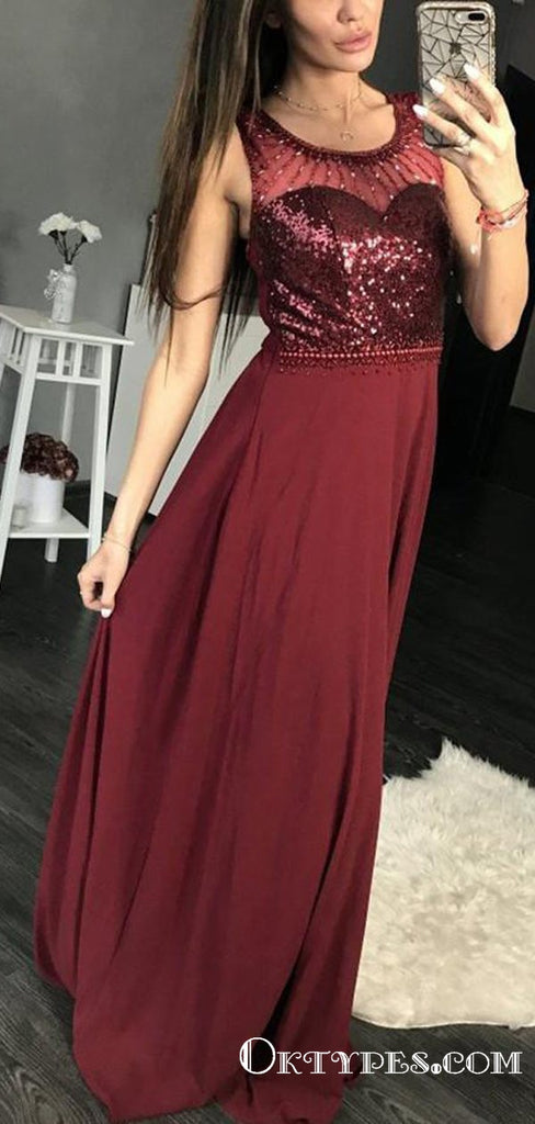 A-line Scoop Neck Floor-Length Chiffon Burgundy Prom Dresses, TYP1913