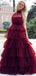 Newest Burgundy Halter Tulle long cheap Cake Prom Dresses, TYP1424