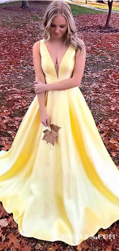 Simple Yellow V Neck A Line Satin Long Cheap Prom Dresses, TYP1784