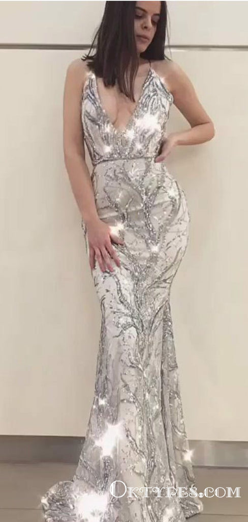 Mermaid Spaghetti Straps Long Silver Prom Dresses with Beading, TYP1826