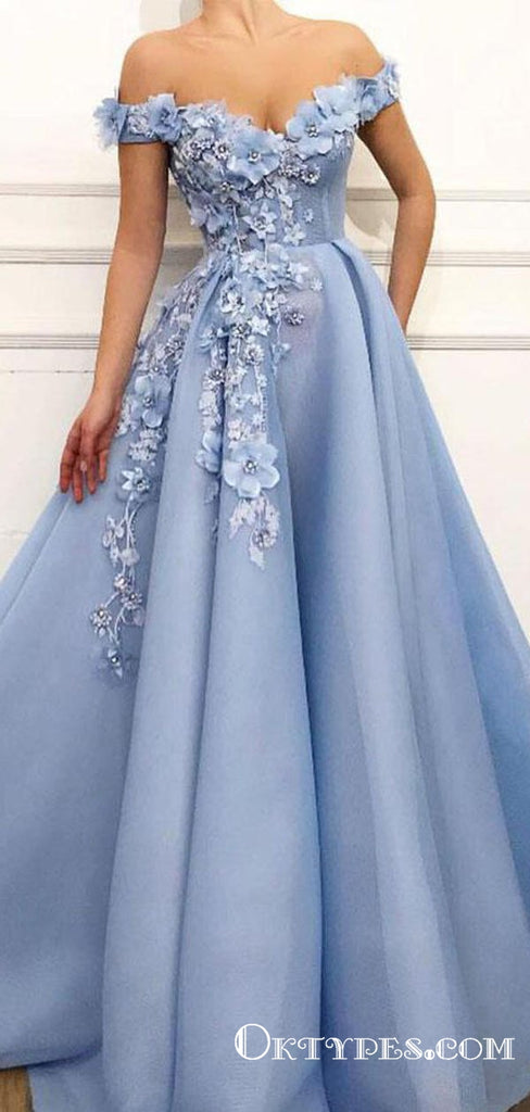 Light blue Off Shoulder A-line Long Prom Dresses With Flower Appliques, TYP1691