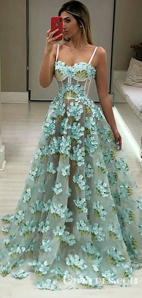 Spaghetti Straps A-Line Long Cheap Mint Prom Dresses with Flowers, TYP1829