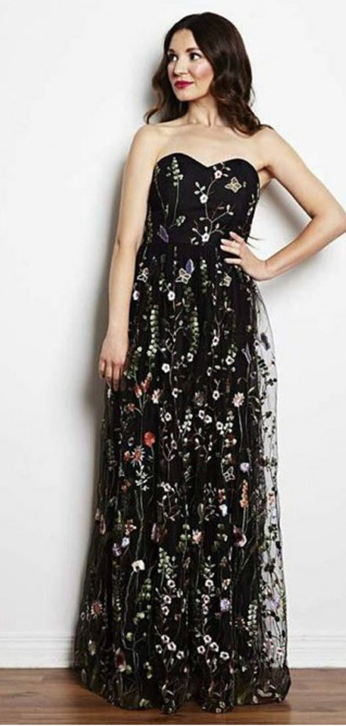 A-Line Sweetheart Neck Sleeveless Black Long Prom Dresses with Appliques, TYP1885