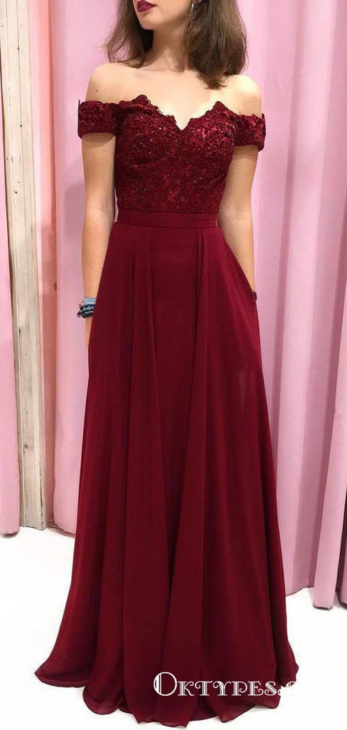 Off the Shoulder Burgundy Long Prom Dresses with Applique & Beaded, TYP1891