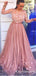 Elegant A-line Long Sleeves Round Neck Long Cheap Prom Dresses With Applique, TYP1813