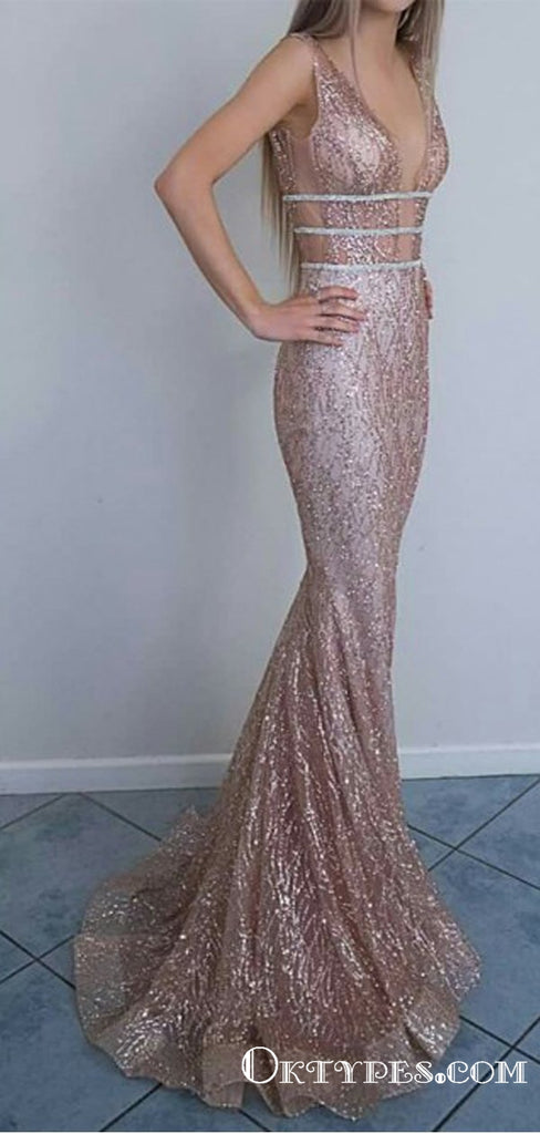 Mermaid V-Neck Backless Champagne Glitter Evening Prom Dresses, TYP1930