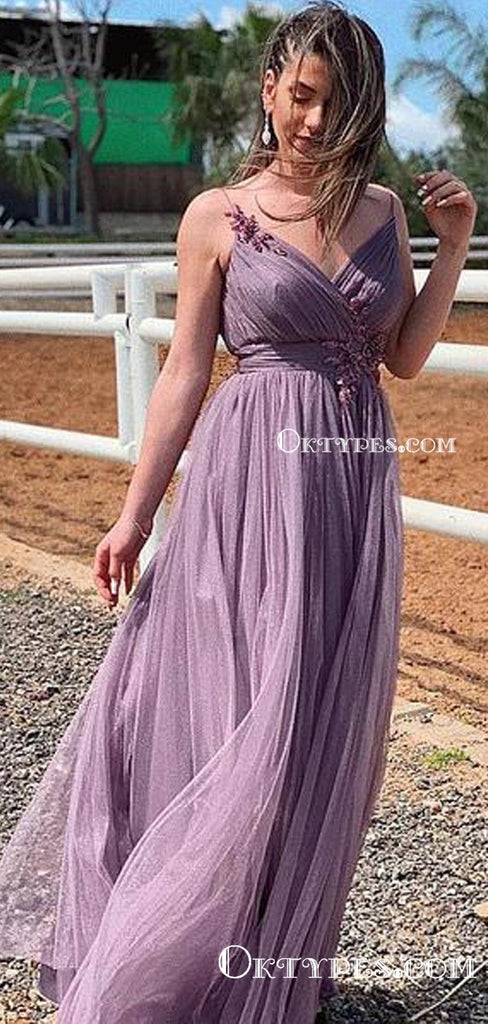 Charming V-neck Spaghetti Strap Lavender Tulle Lace Appliqued A-line Long Cheap Evening Prom Dresses, PDS0046