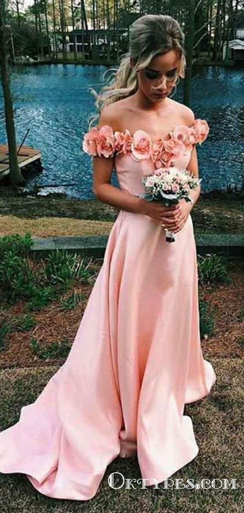 Charming Pink Off Shoulder Long Cheap Prom Dresses With Handmade Flowers, TYP1701