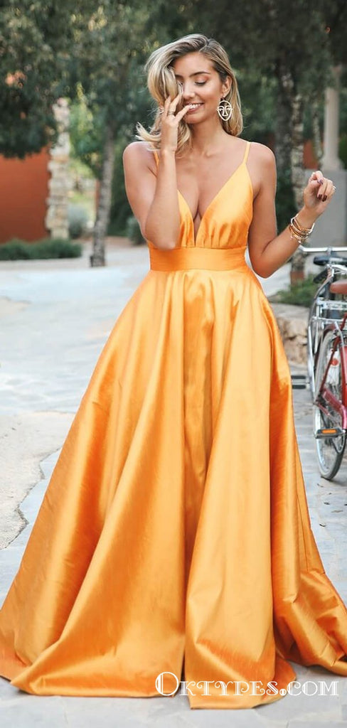 Orange Spaghetti-Straps Elegant V-Neck Backless Sleeveless Prom Dresses, TYP1926