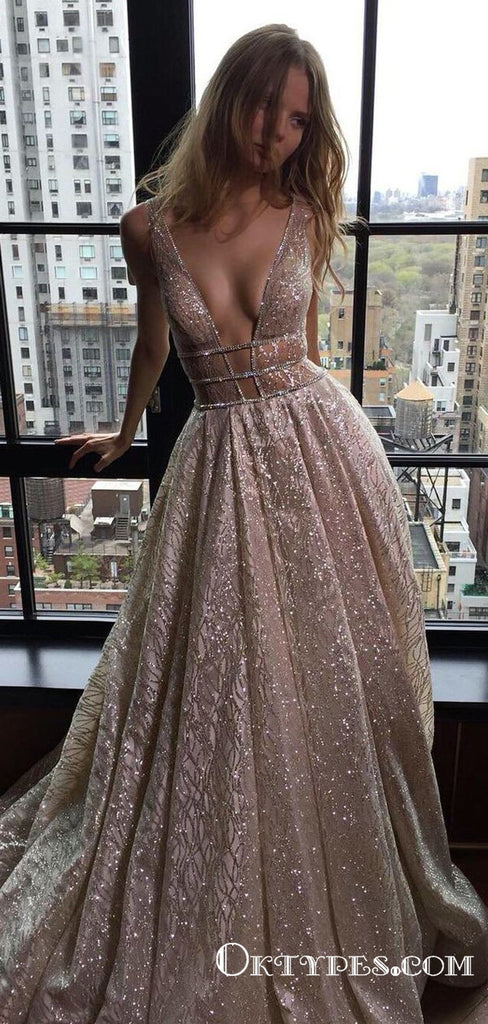 Sparkly Ball Gown V Neck Satin Champagne Sequins Long Prom Dresses, TYP1761