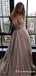 Sparkly Ball Gown V Neck Satin Champagne Sequins Long Prom Dresses, TYP1761