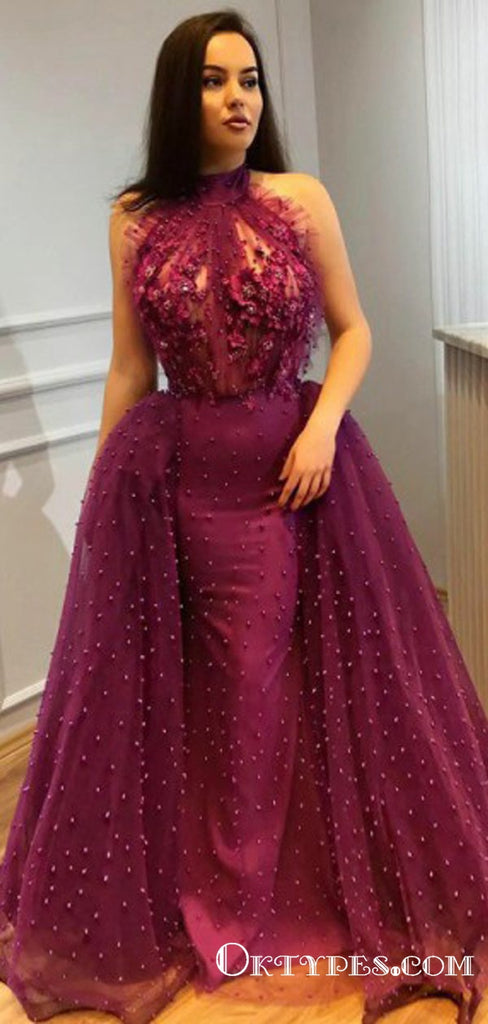 Mermaid Halter Detachable Train Purple Long Prom Dresses with Appliques&Beaded, TYP1624