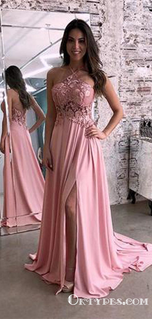 Sexy Lace Halter Pink Long Cheap Chiffon Prom Dresses With Leg Split, TYP1917