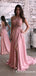 Sexy Lace Halter Pink Long Cheap Chiffon Prom Dresses With Leg Split, TYP1917