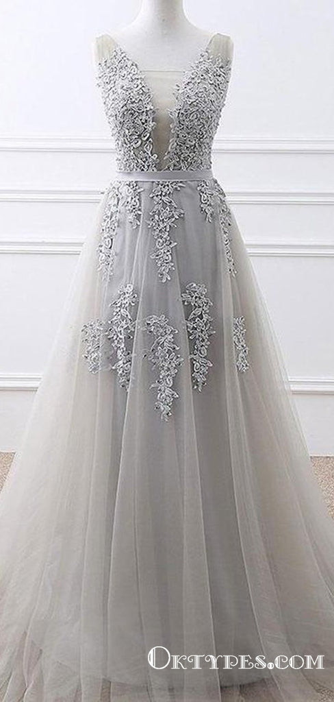 Deep V Neck Gray Tulle Long Cheap Prom Dresses With Appliques, TYP1817