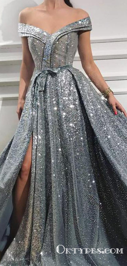 Off The Shoulder Gray Long Split Front Evening Party Prom Dresses, TYP1747