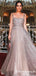 Glitter A-Line Spaghetti Straps Champagne Sequin Long Prom Dresses, TYP1650