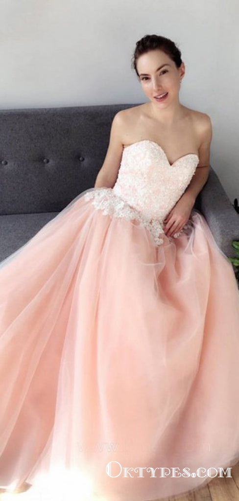 A-Line Sweetheart Neck Sleeveless Pink Long Prom Dresses with Appliques, TYP1863