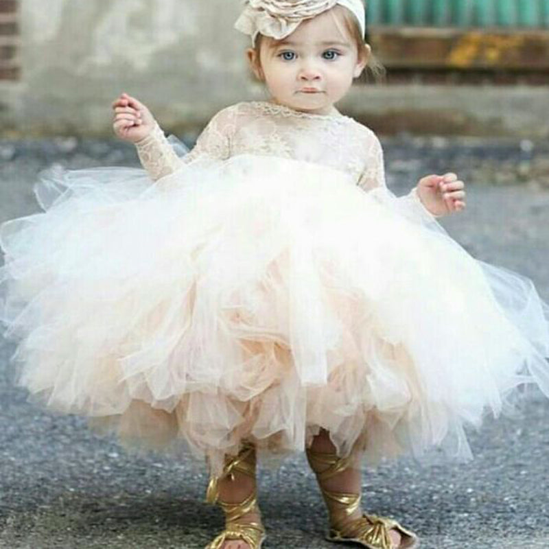 Ball Gown Bateau Long Sleeves Short Tulle Cute Flower Girl Dress with Lace, TYP1010