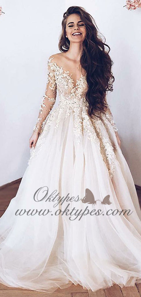 Illusion Neck Long Sleeves Tulle Wedding Dress with Appliques, TYP1488