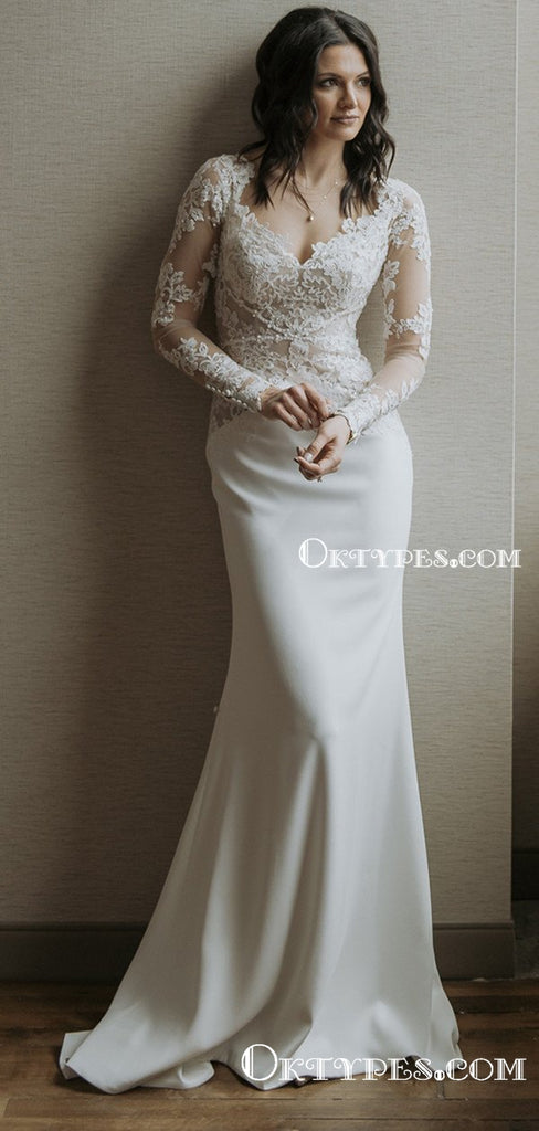 New Arrival Eleagnt Charming V-neck Long Sleeve Lace Appliqued Mermaid Long Cheap Wedding Dresses, WDS0007