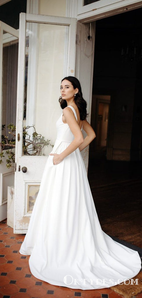 Elegant V-neck Simple Long A-line V-back Cheap Wedding Dresses, TYP1982